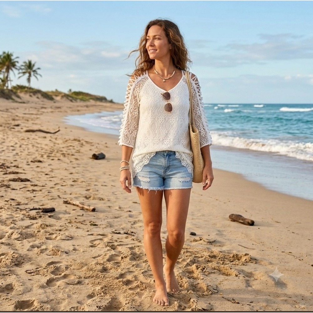 Frazzle Ivory Lace Top Womens M Lattice Detail Sleeves Boho Beach Vacation
